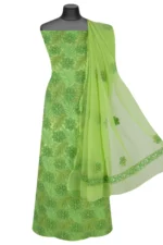 Srajann Hand Embroided Lemon Faux Georgette Lucknowi Chikankari Unstitched Kurta Dupatta Set (SLC1378) - Image 2