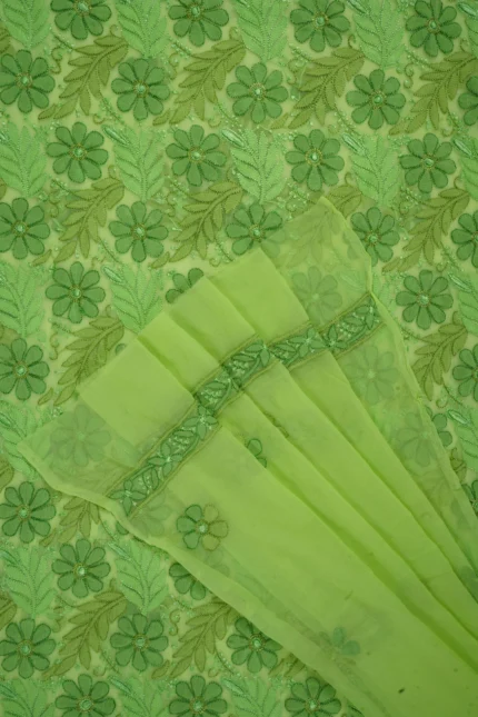 Srajann Hand Embroided Lemon Faux Georgette Lucknowi Chikankari Unstitched Kurta Dupatta Set