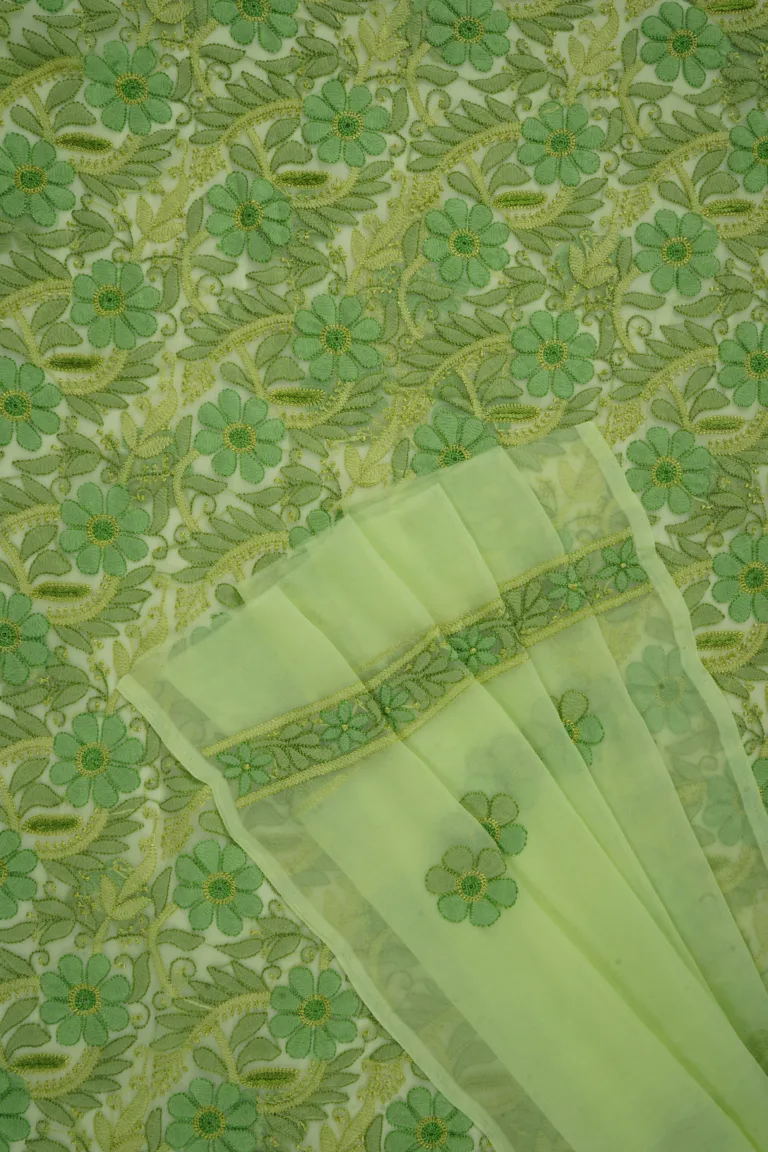 Srajann Hand Embroided Lemon Faux Georgette Lucknowi Chikankari Unstitched Kurta Dupatta Set