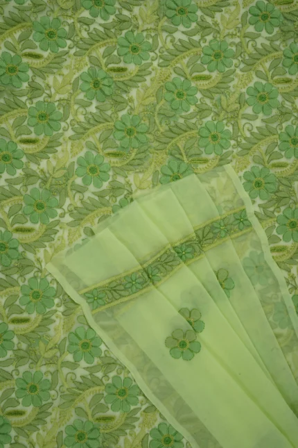 Srajann Hand Embroided Lemon Faux Georgette Lucknowi Chikankari Unstitched Kurta Dupatta Set