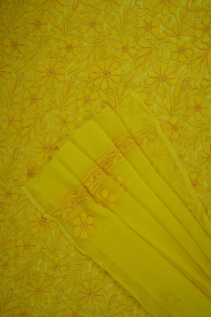 Srajann Hand Embroided Yellow Faux Georgette Lucknowi Chikankari Unstitched Kurta Dupatta Set