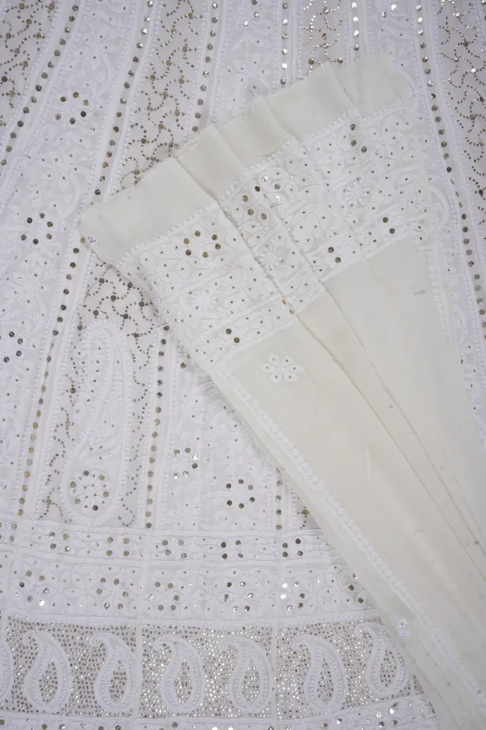 Srajann Hand Embellishment Pure Georgette Anarkali Suit Mukaish Lucknowi Chikankari Work With Dupatta