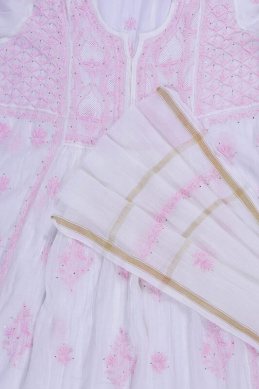 Srajann Hand Embroided Green Mul Chanderi Lucknowi Chikankari Unstitched Kurta Dupatta Set
