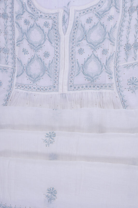 Srajann Hand Embroided Fawn Mul Chanderi Lucknowi Chikankari Unstitched Kurta Dupatta Set