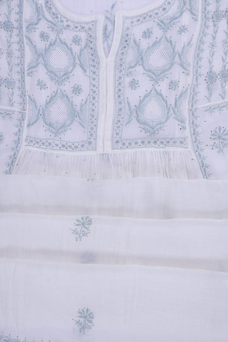 Srajann Hand Embroided Fawn Mul Chanderi Lucknowi Chikankari Unstitched Kurta Dupatta Set