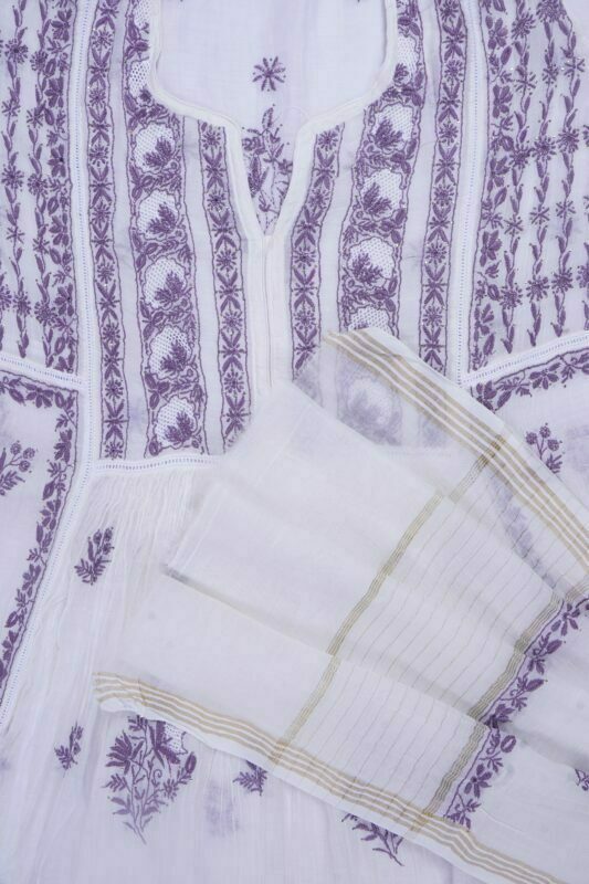 Srajann Hand Embroided white Mul Chanderi Lucknowi Chikankari Unstitched Kurta Dupatta Set
