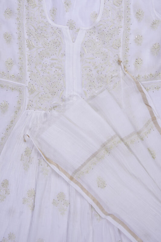 Srajann Hand Embroided white Mul Chanderi Lucknowi Chikankari Unstitched Kurta Dupatta Set
