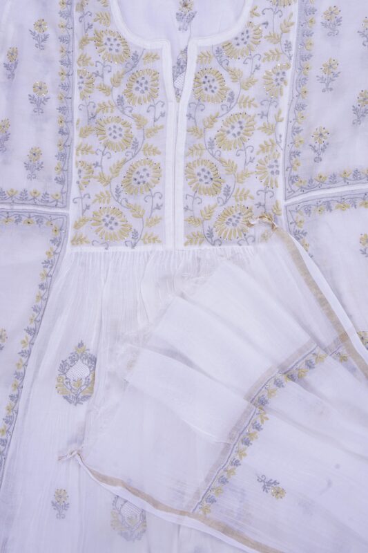 Srajann Hand Embroided white Mul Chanderi Lucknowi Chikankari Unstitched Kurta Dupatta Set