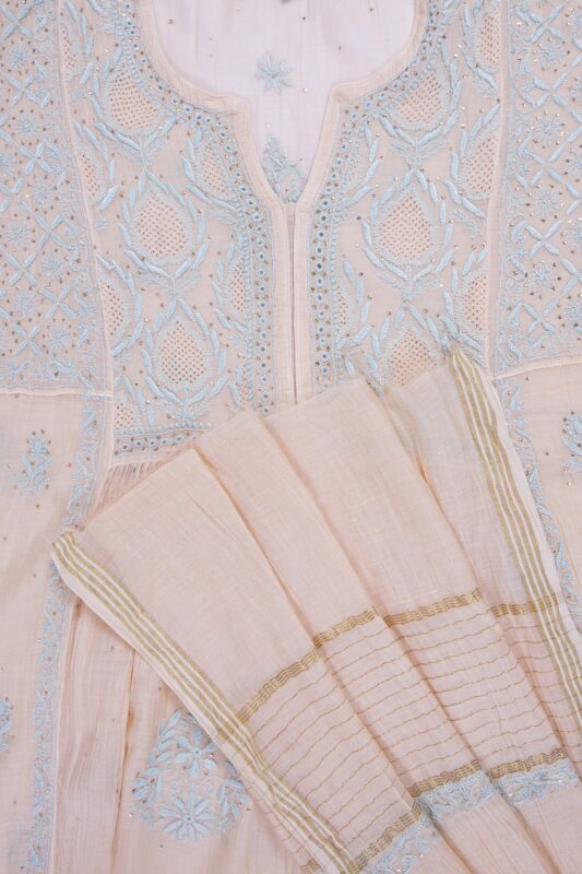 Srajann Hand Embroided Orange Mul Chanderi Lucknowi Chikankari Unstitched Kurta Dupatta Set
