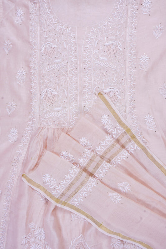 Srajann Hand Embroided Peach Mul Chanderi Lucknowi Chikankari Unstitched Kurta Dupatta Set