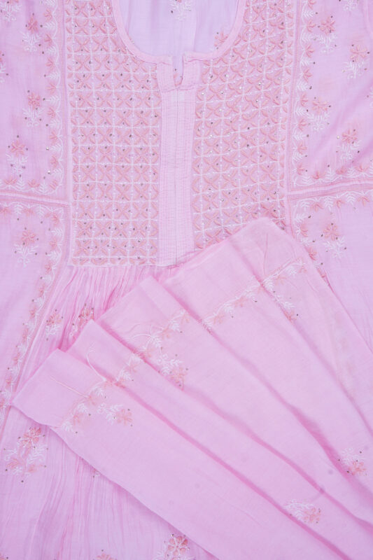 Srajann Hand Embroided Pink Mul Chanderi Lucknowi Chikankari Unstitched Kurta Dupatta Set (SLC1644)