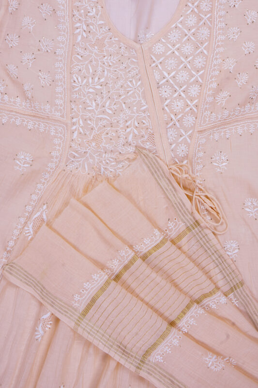 Srajann Hand Embroidered Beige Mul Chanderi Lucknowi Chikankari Unstitched Kurta Dupatta Set (SLC1645)
