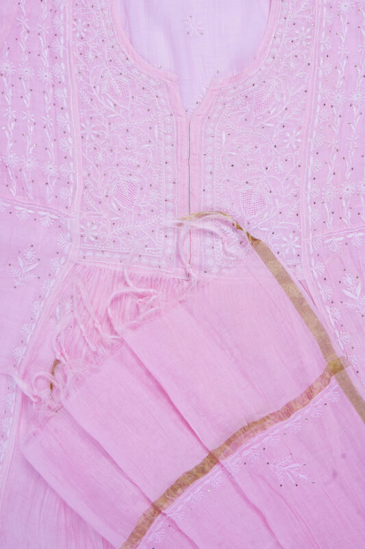 Srajann Hand Embroidered Pink Mul Chanderi Lucknowi Chikankari Unstitched Kurta Dupatta Set (SLC1648)