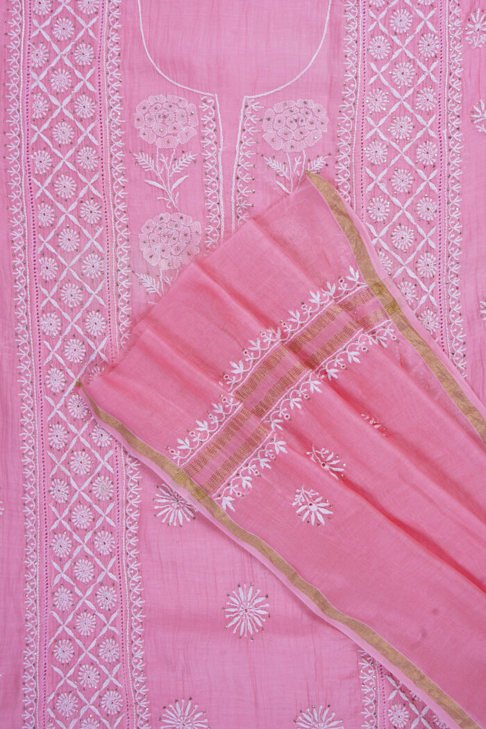 Srajann Hand Embroidered Pink Mul Chanderi Lucknowi Chikankari Unstitched Kurta Dupatta Set (SLC1649)