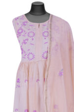 Srajann Hand Embroided Peach Mul Chanderi Lucknowi Chikankari Unstitched Kurta Dupatta Set (SLC1650) - Image 10