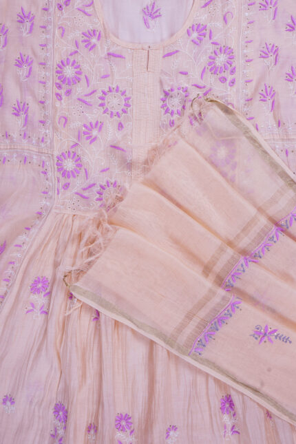 Srajann Hand Embroidered Peach Mul Chanderi Lucknowi Chikankari Unstitched Kurta Dupatta Set (SLC1650)
