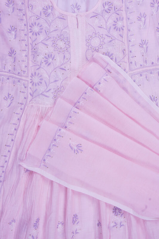 Srajann Hand Embroidered Pink Mul Chanderi Lucknowi Chikankari Unstitched Kurta Dupatta Set (SLC1651)