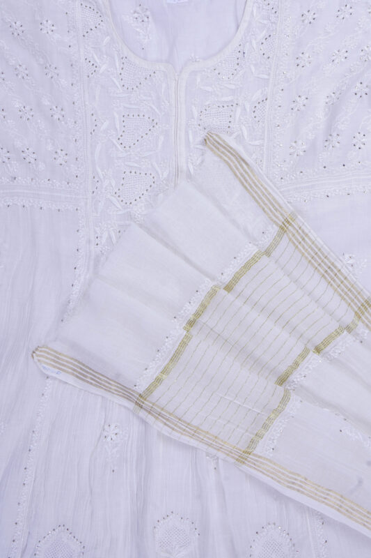 Srajann Hand Embroided white Mul Chanderi Lucknowi Chikankari Unstitched Kurta Dupatta Set