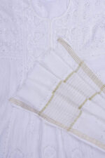 Srajann Hand Embroided white Mul Chanderi Lucknowi Chikankari Unstitched Kurta Dupatta Set