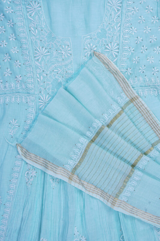 Srajann Hand Embroidered Blue Mul Chanderi Lucknowi Chikankari Unstitched Kurta Dupatta Set (SLC1653)