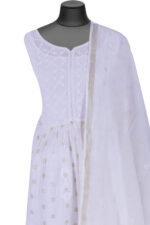 Srajann Hand Embroided white Mul Chanderi Lucknowi Chikankari Unstitched Kurta Dupatta Set (SLC1654) - Image 4