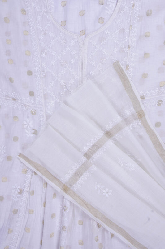Elegant Hand Embroidered White Mul Chanderi Lucknowi Chikankari Unstitched Kurta Dupatta Set by Srajann.