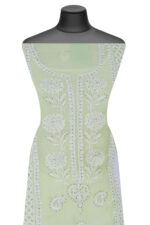 Srajann Hand Embroided Pista Green Mul Chanderi Lucknowi Chikankari Unstitched Kurta Dupatta Set (SLC1655) - Image 2