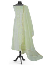 Srajann Hand Embroided Pista Green Mul Chanderi Lucknowi Chikankari Unstitched Kurta Dupatta Set (SLC1655) - Image 3