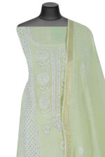Srajann Hand Embroided Pista Green Mul Chanderi Lucknowi Chikankari Unstitched Kurta Dupatta Set (SLC1655) - Image 4