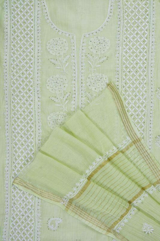 Elegant Hand Embroidered Pista Green Mul Chanderi Lucknowi Chikankari Unstitched Kurta Dupatta Set by Srajann.