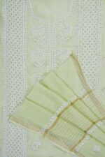 Elegant Hand Embroidered Pista Green Mul Chanderi Lucknowi Chikankari Unstitched Kurta Dupatta Set by Srajann.