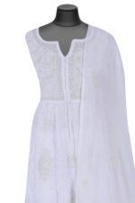 Srajann Hand Embroided white Mul Chanderi Lucknowi Chikankari Unstitched Kurta Dupatta Set (SLC1656) - Image 4