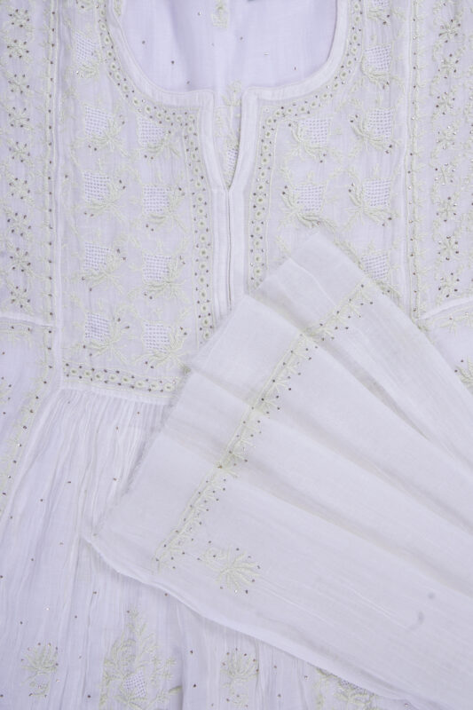 Elegant Hand Embroidered White Mul Chanderi Lucknowi Chikankari Unstitched Kurta Dupatta Set by Srajann.