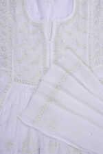 Elegant Hand Embroidered White Mul Chanderi Lucknowi Chikankari Unstitched Kurta Dupatta Set by Srajann.