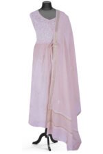 Srajann Hand Embroided Beige Mul Chanderi Lucknowi Chikankari Unstitched Kurta Dupatta Set (SLC1657) - Image 3