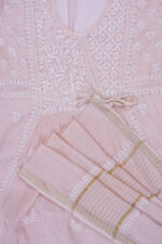 Elegant Hand Embroidered Beige Mul Chanderi Lucknowi Chikankari Unstitched Kurta Dupatta Set by Srajann.