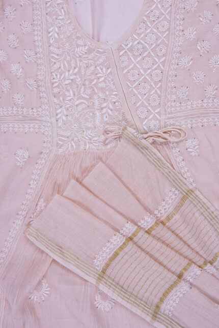 Elegant Hand Embroidered Beige Mul Chanderi Lucknowi Chikankari Unstitched Kurta Dupatta Set by Srajann.