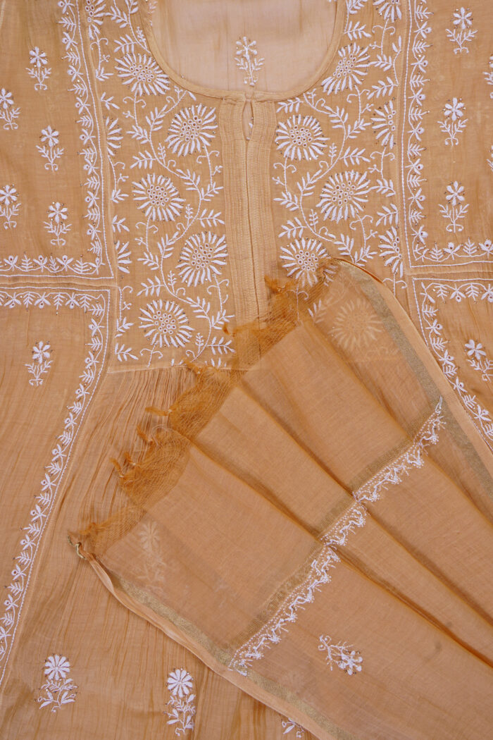 Srajann Hand Embroidered Orange Mul Chanderi Lucknowi Chikankari Unstitched Kurta Dupatta Set (SLC1659)
