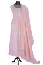 Srajann Hand Embroided Peach Mul Chanderi Lucknowi Chikankari Unstitched Kurta Dupatta Set (SLC1660) - Image 3