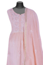 Srajann Hand Embroided Peach Mul Chanderi Lucknowi Chikankari Unstitched Kurta Dupatta Set (SLC1660) - Image 4