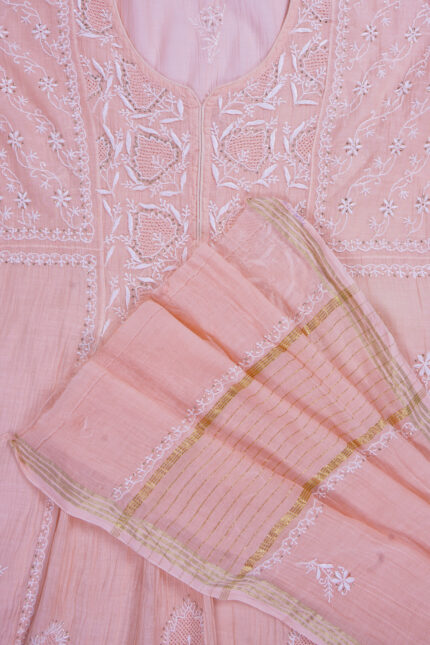 Elegant Hand Embroidered Peach Mul Chanderi Lucknowi Chikankari Unstitched Kurta Dupatta Set by Srajann.