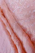 Srajann Hand Embroided Peach Mul Chanderi Lucknowi Chikankari Unstitched Kurta Dupatta Set (SLC1660) - Image 10