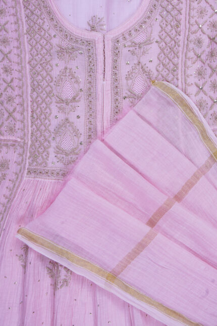 Elegant Hand Embroidered Pink Mul Chanderi Lucknowi Chikankari Unstitched Kurta Dupatta Set by Srajann.