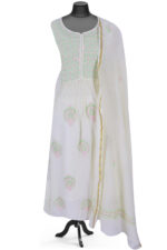 Srajann Hand Embroided white Mul Chanderi Lucknowi Chikankari Unstitched Kurta Dupatta Set (SLC1663) - Image 3
