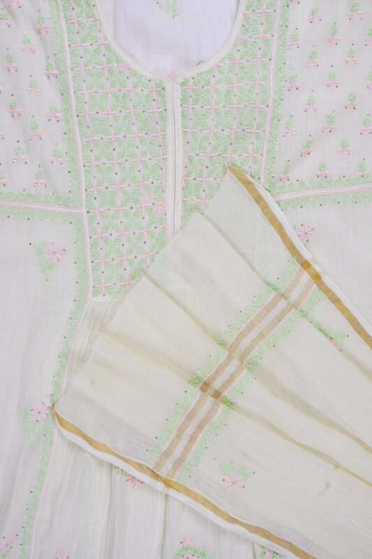 Elegant Hand Embroidered White Kota Cotton Lucknowi Chikankari Unstitched Kurta Dupatta Set by Srajann.