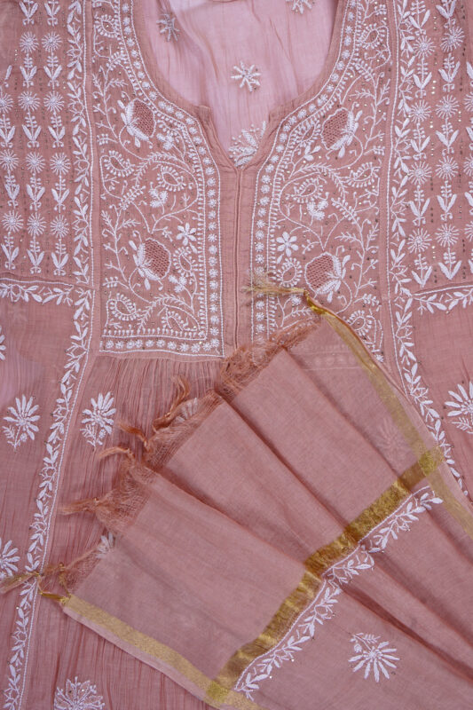 Srajann Hand Embroided Yellow Mul Chanderi Lucknowi Chikankari Unstitched Kurta Dupatta Set