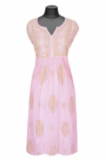 Srajann Hand Embroided Pink Mul Chanderi Lucknowi Chikankari Unstitched Kurta Dupatta Set (SLC1671) - Image 2