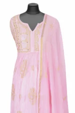 Srajann Hand Embroided Pink Mul Chanderi Lucknowi Chikankari Unstitched Kurta Dupatta Set (SLC1671) - Image 4