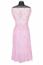 Srajann Hand Embroided Pink Mul Chanderi Lucknowi Chikankari Unstitched Kurta Dupatta Set (SLC1671) - Image 5