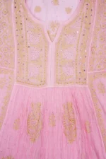 Srajann Hand Embroided Pink Mul Chanderi Lucknowi Chikankari Unstitched Kurta Dupatta Set (SLC1671) - Image 7
